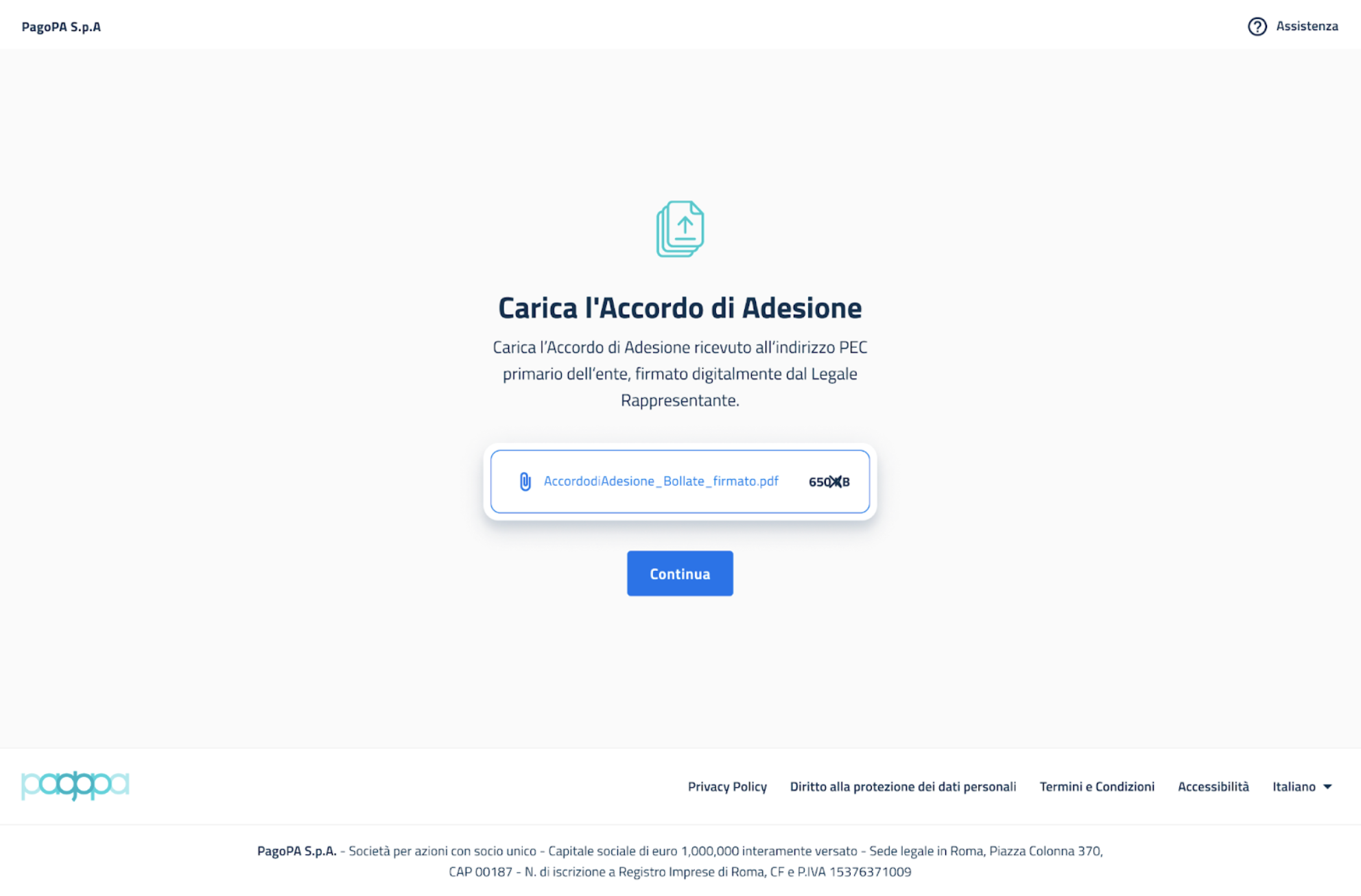 The screen where the joining agreement received at the digital domicile,
signed by the party’s legal representative, is uploaded