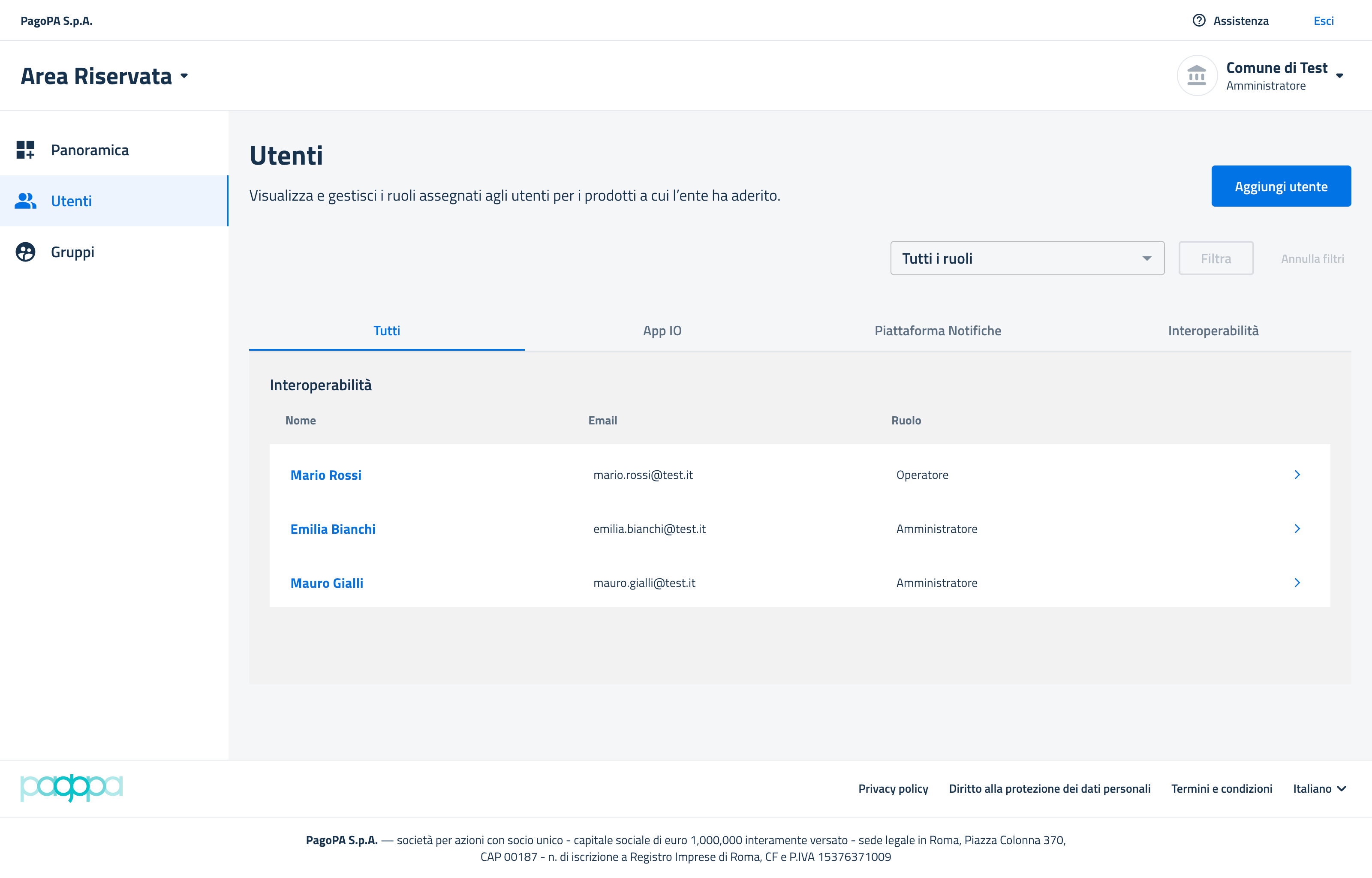 The Members Area platform screen showing active users for PDND.