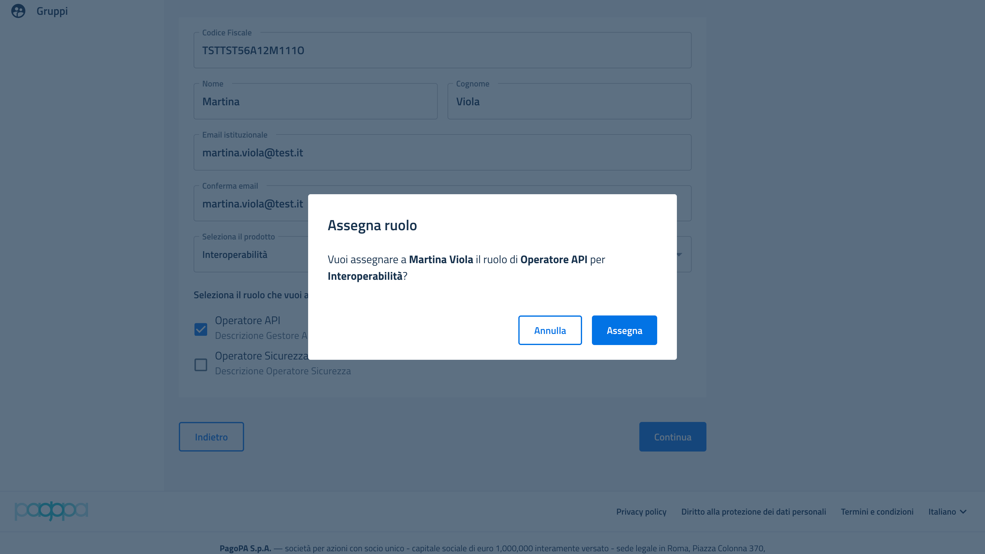 The confirmation modal on the Members Area platform
to confirm the creation of the new account on PDND.