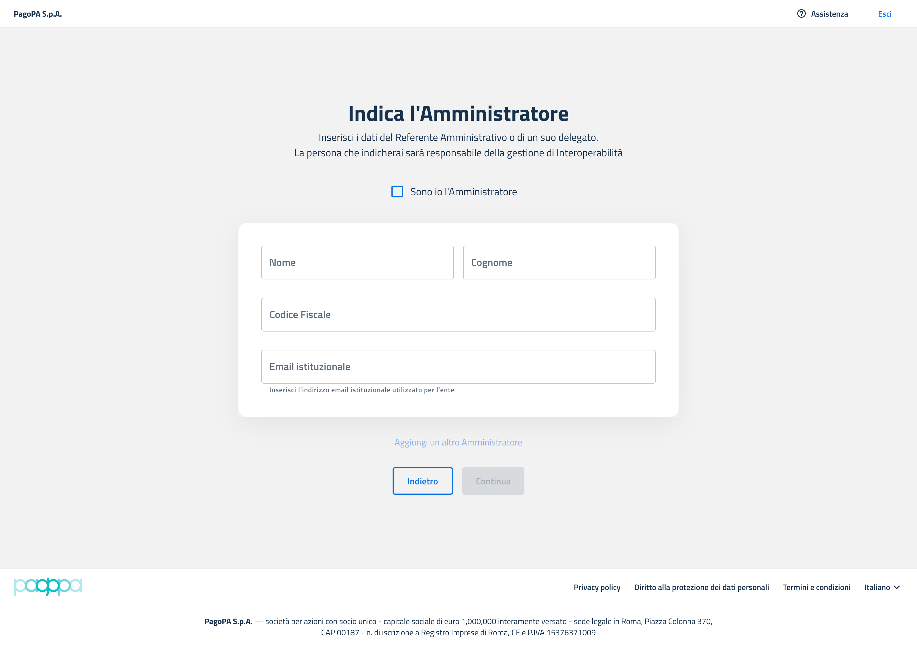 The screen where the data of users with administration privileges is entered
