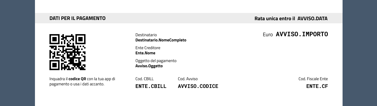 Dettaglio della sezione "Rata unica" all'interno dell'avviso di pagamento pagoPA.