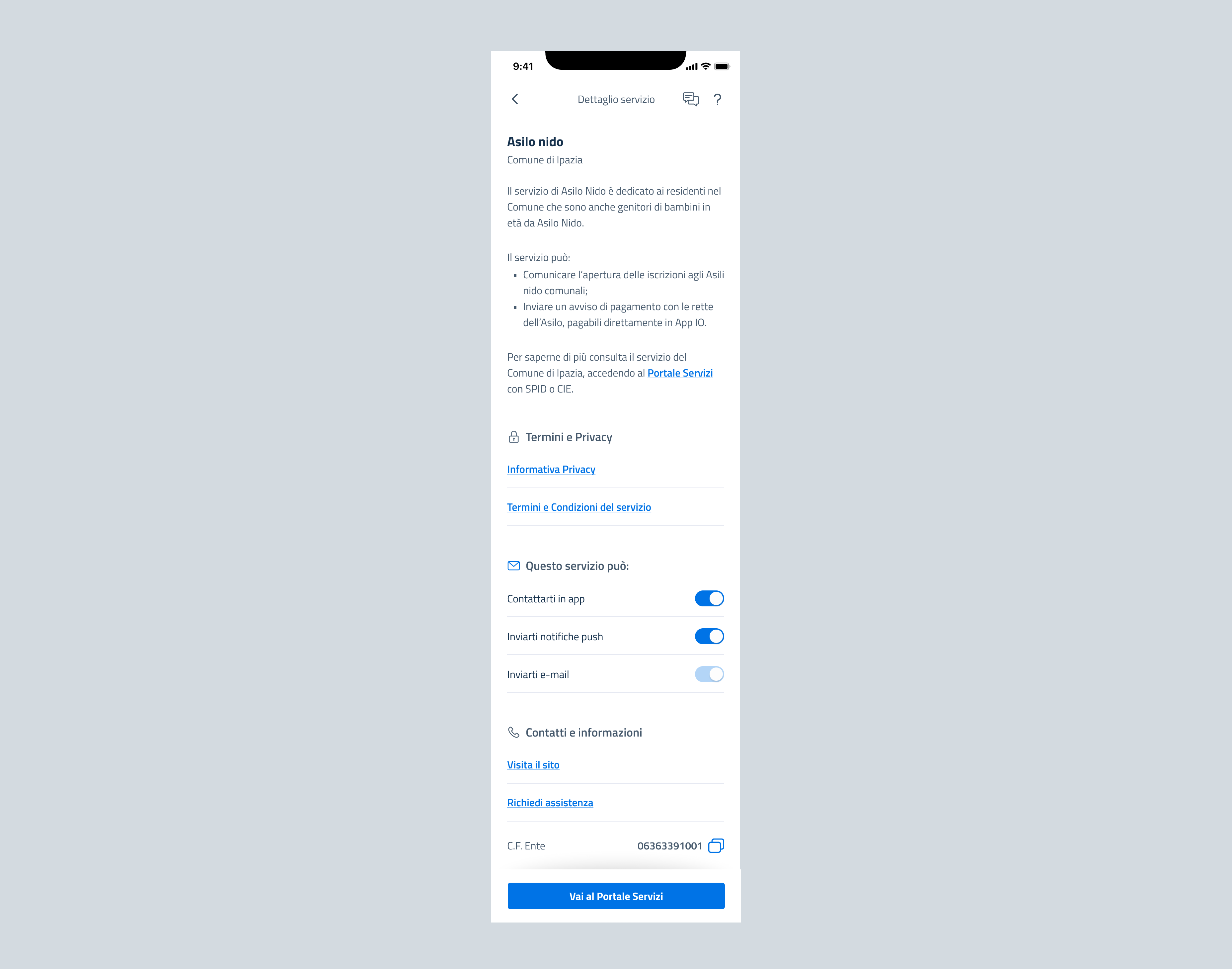 An example of a complete service card screen on the IO app