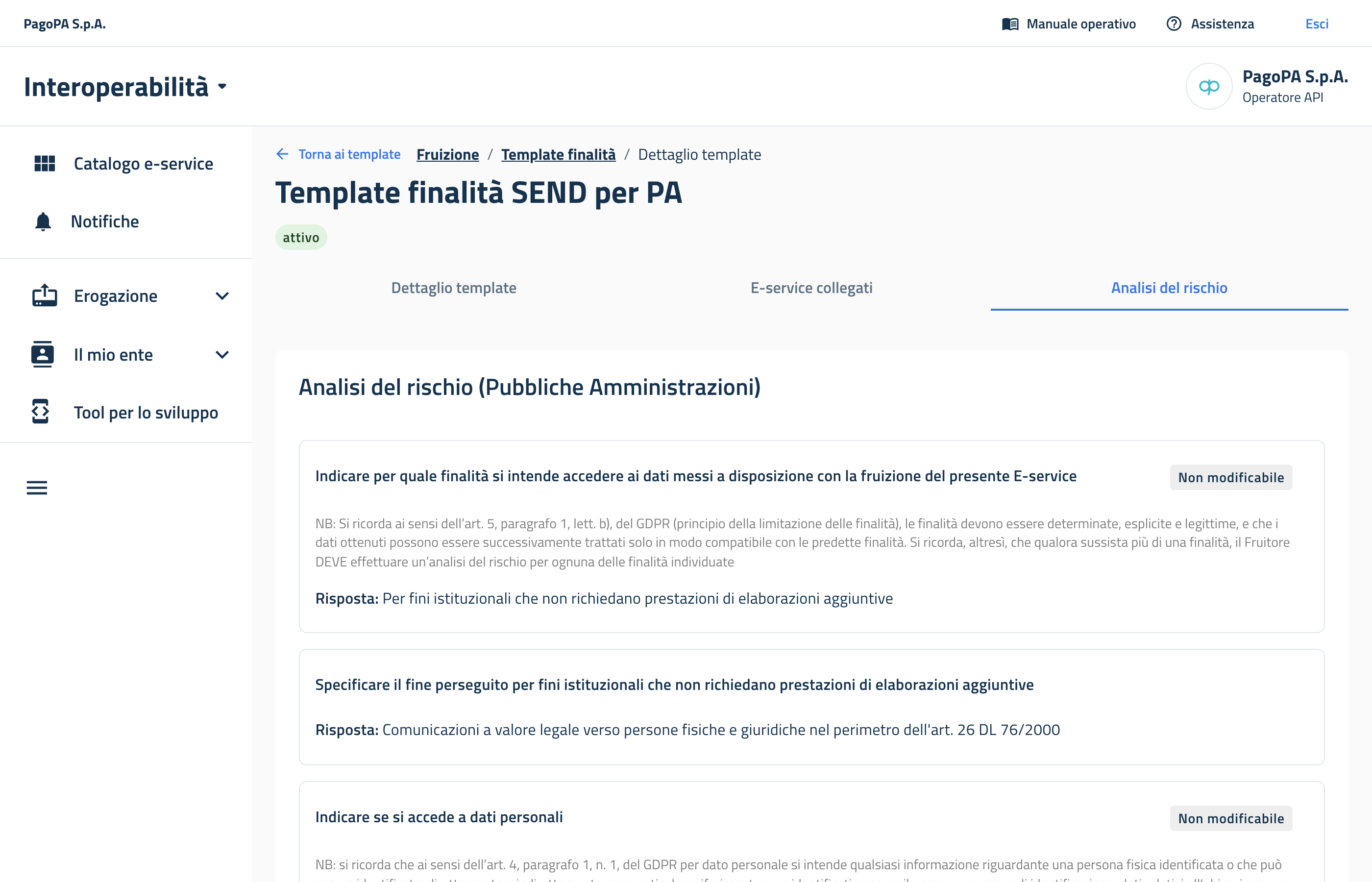 Template di finalità messo a disposizione per l'e-service SEND