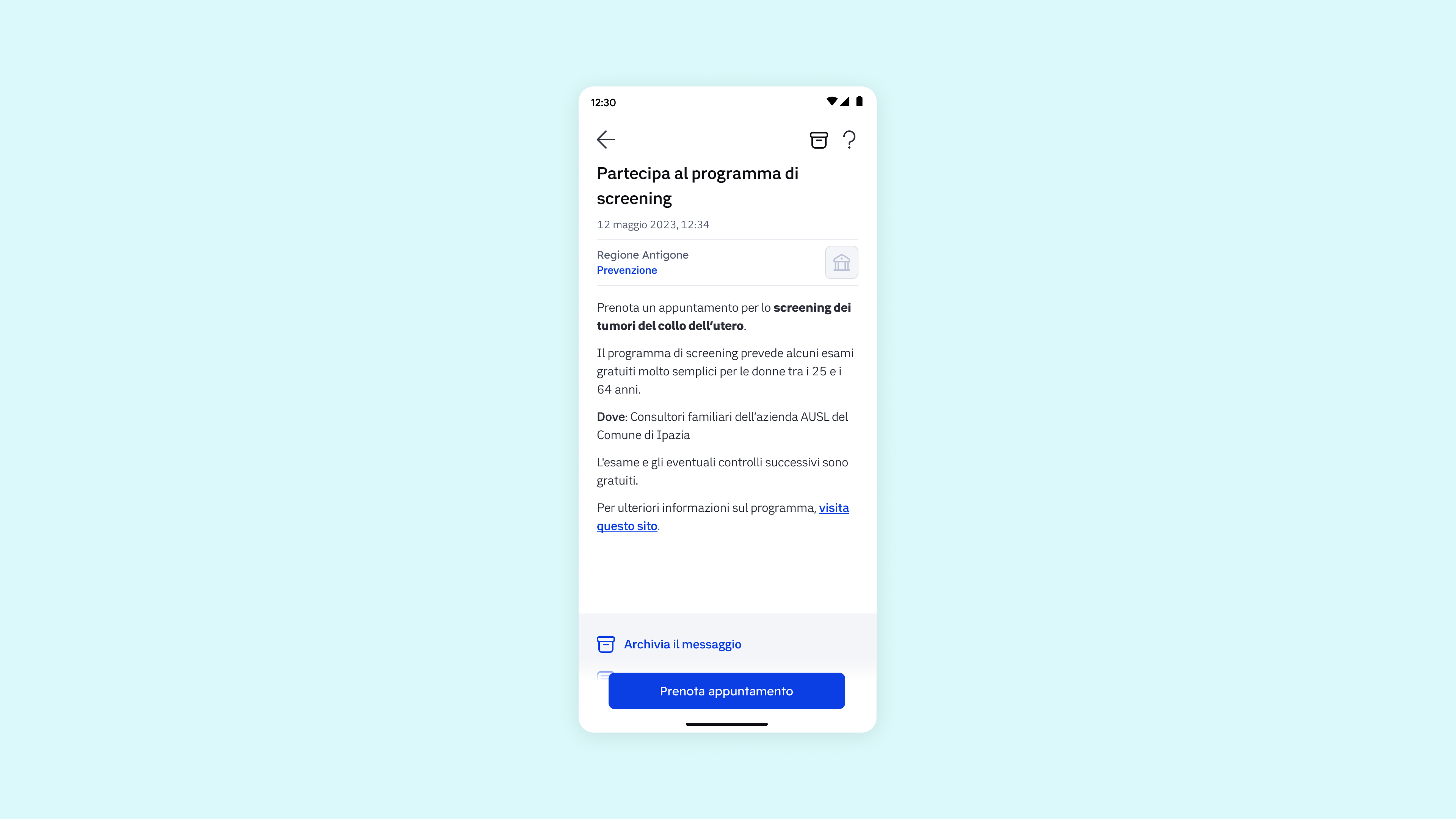 Immagine che mostra una schermata di app IO con il messaggio che invita l'utente a partecipare a una campagna di screening.